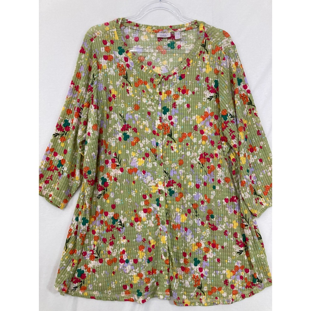 LOGO Top 1X Multi Artsy Floral Waffle Knit Button Front 3/4‎ Sleeve Stretch